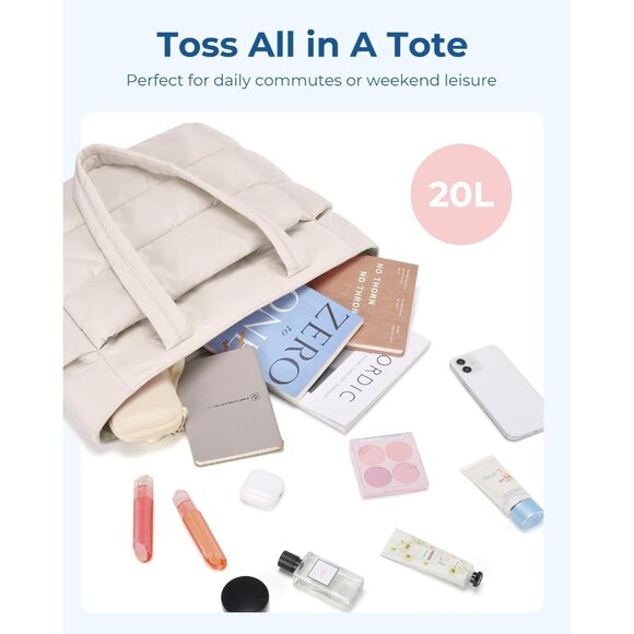 Women Beige Lightweight Puffy Tote Bag for Travel Beach Gym With Multi-pocket - Picture 3 of 7